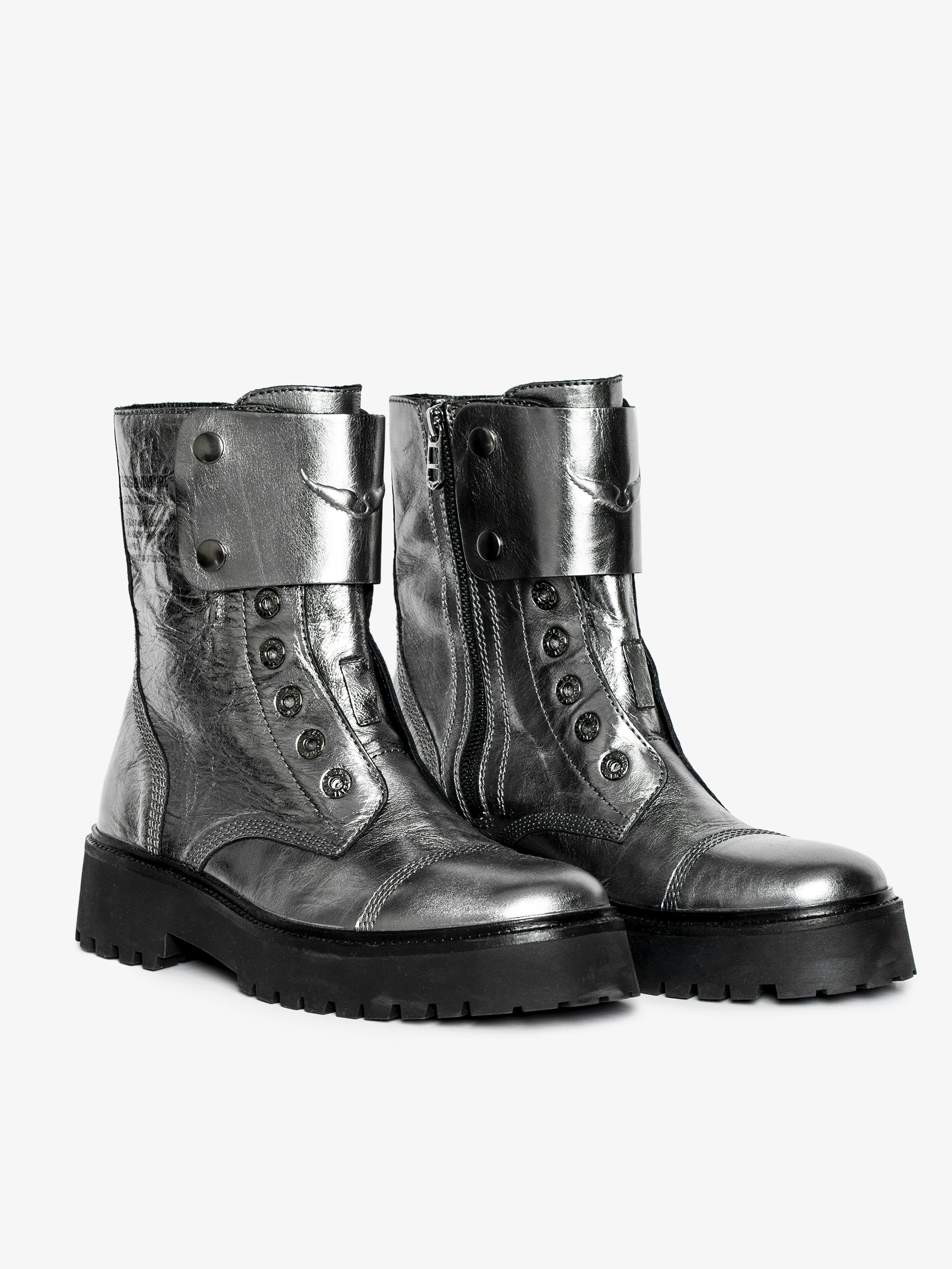 Joe Fast Vintage Metal Ankle Boots - Combat boots without laces in metallic crinkled leather with patches adorned with embossed wings.